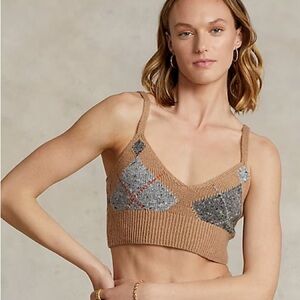 Polo by Ralph Lauren Tan Argyle Knit Wool and Cashmere Bra Top - S - NWT